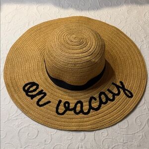 Tan Straw Sun Hat with Black Embroidery “On Vacation”